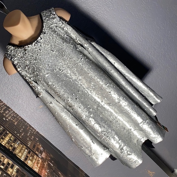 silver sequins, cold shoulder dress - Picture 1 of 15